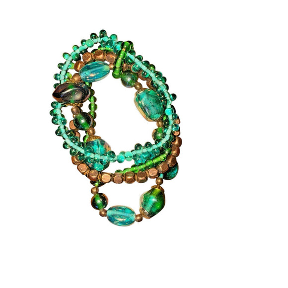 Beaded Stretch Bracelet Set Green Gold Boho Summer‎ Statement - Picture 9 of 9